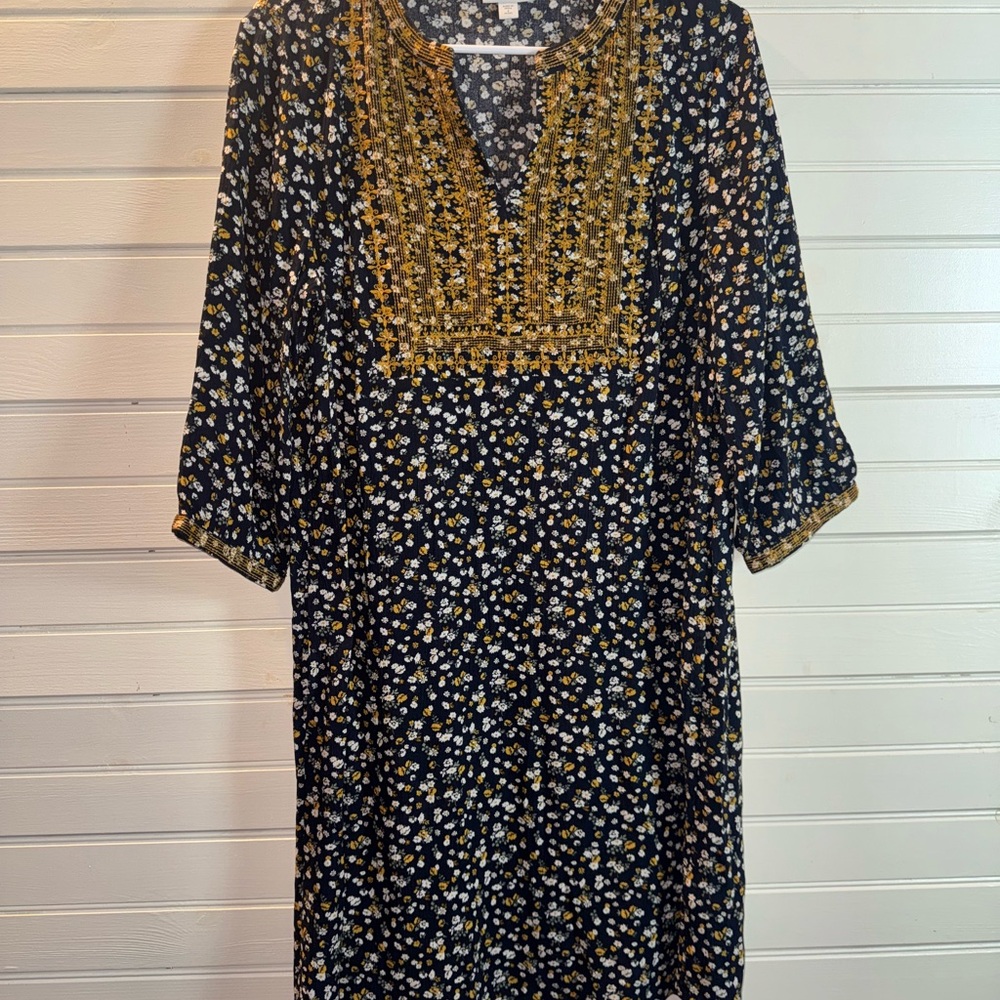 J. Jill Navy Dress with Gold Floral Embroidery